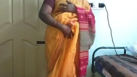 Desi Indian Horny Tamil Telugu Kannada Malayalam Hindi Cheating Wife Vanitha Wearing Orange Colour Saree Showing Big Boobs And Shaved Pussy Press Hard Boobs Press Nip Rubbing Pussy Masturbation